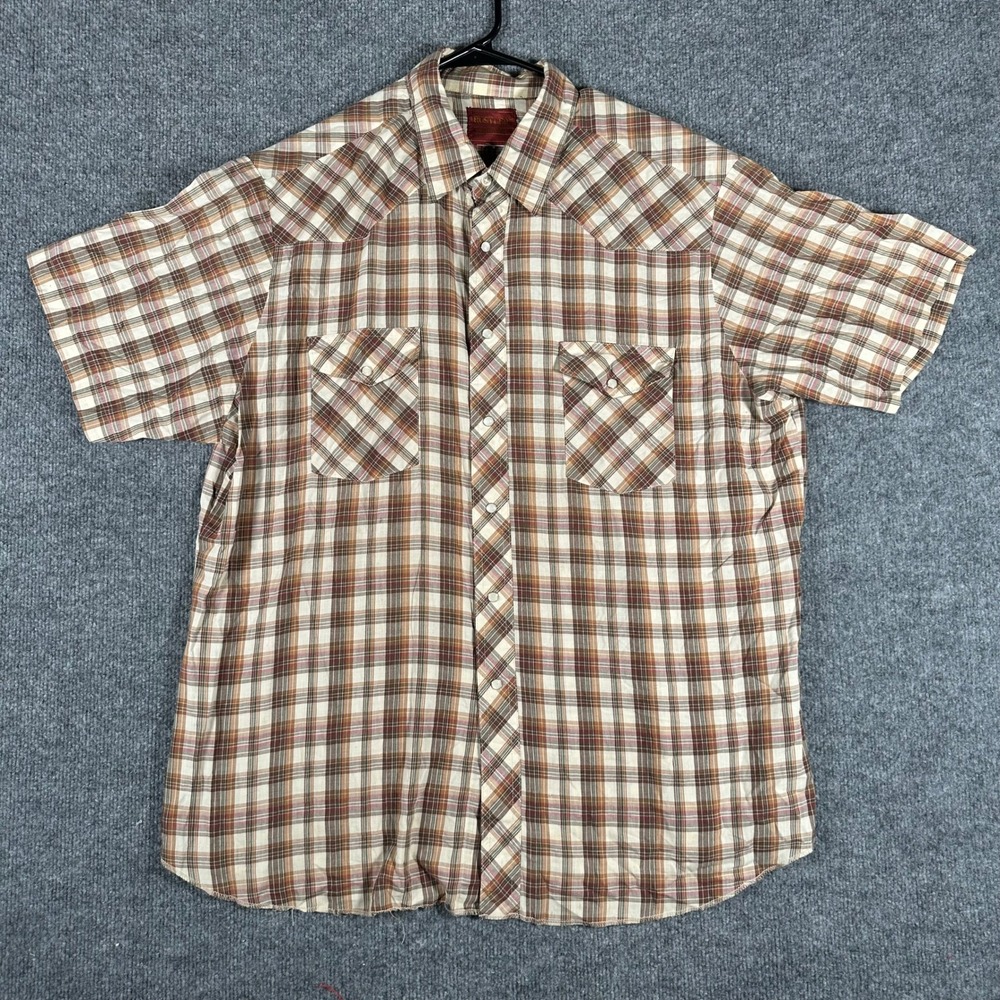 Rustler Shirt Mens XL Brown Plaid Western Pearl Snap Short Sleeve Long Tails Rip